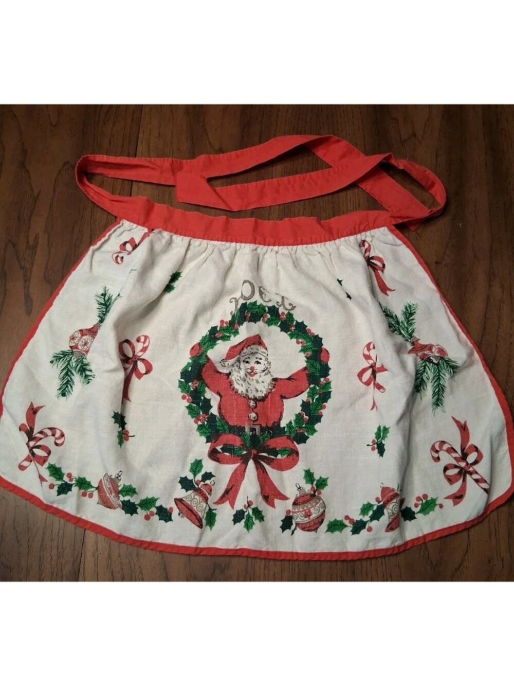 MCM NOEL Vintage Santa Claus Ornaments Candy Cane Wreath Linen Christmas Apron